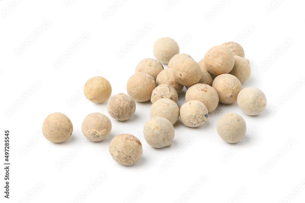 Close-up of white peppercorns (white pepper) isolated on white background. Close-up of white peppercorns (white pepper) isolated on white background.