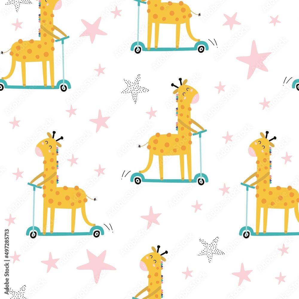 Seamless pattern with cute giraffe on a scooter. Kids print. Vector hand drawn illustration. Seamless pattern with cute giraffe on a scooter. Kids print. Vector hand drawn illustration.