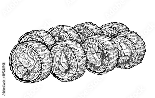 Set of tempura sushi rolls with cucumber, tuna, masago and cream cheese. Isolated hand drawn vector illustration.