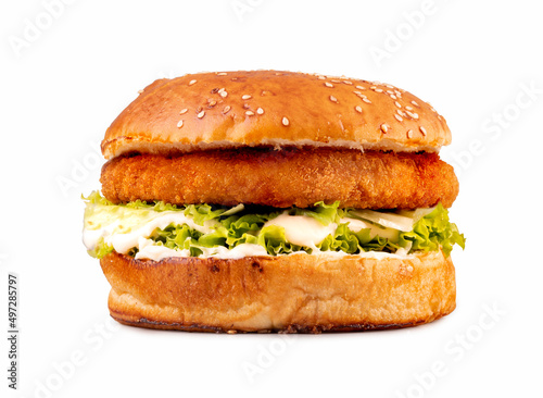 crispy chicken burger with mayonnaise and lettuce front view isolated on white background