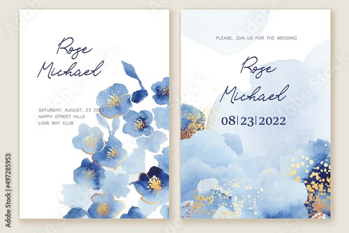 Set of elegant, romantic wedding cards, covers, invitations with shades of blue flowers, golden shiny lines, dots.