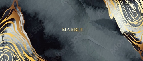 Horizontal art background. Grey, black watercolor texture, golden lines. Marble imitation.