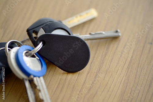 RFID key fob and key ring on table
