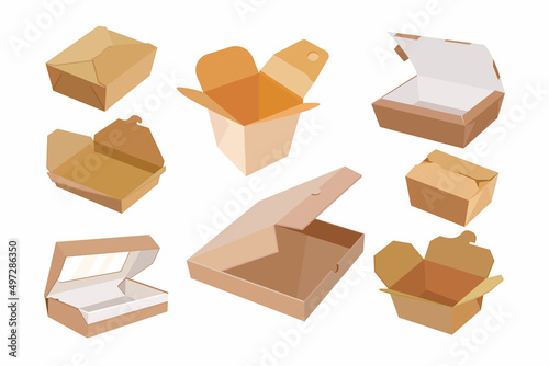 Carton boxes for fast food vector illustrations set. Paper packs or disposable packages for lunch or meal from cafe or takeaway isolated on white background. Food, packaging concept