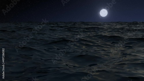 Ocean night landscape. Moonlight reflection on water. 3d render