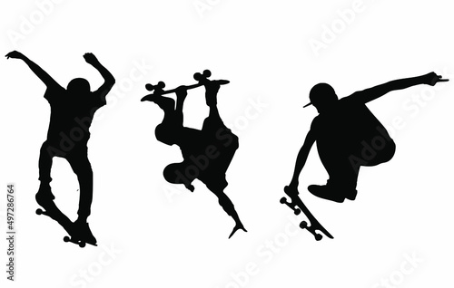 Skateboarders. Skaters. Three silhouettes of skateboarders. The shadows of the skaters. Skaters perform tricks. Stencils