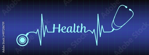 Abstract stethoscope with health text, ekg line design on blue monitor background. Healthcare symbol to use in health industry, cardiology, medical care, hospital, health science projects. 