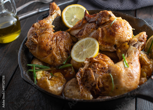 Braised chicken legs with sauce and potatoes