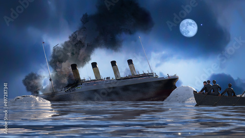 the Titanic ocean liner after it struck an iceberg in 1912 off the coast of N...