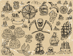 Keuken achterwand Zeemeermin Vintage piratenkaart met schateilanden en zeemonsters  © samiramay