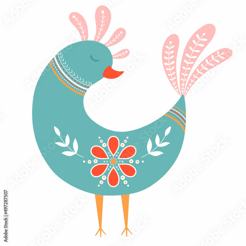 Nordic ornaments, folk art pattern bird silhouette. Scandinavian style. Vector illustration.