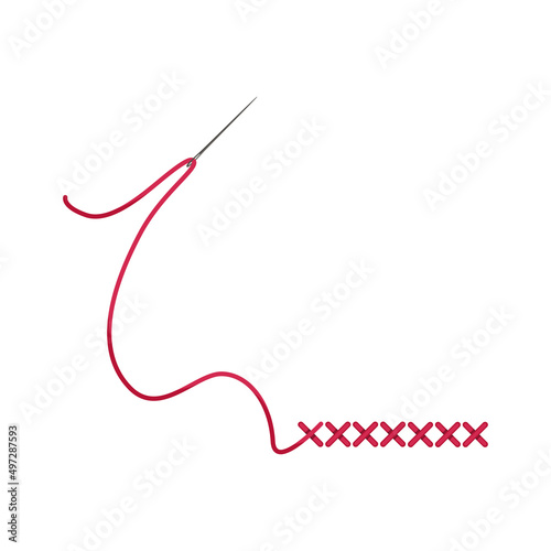 Color embroidery icon. A needle with a red thread embroidering crosses. A symbol of needlework. Vector illustration isolated on a white background for design and web.