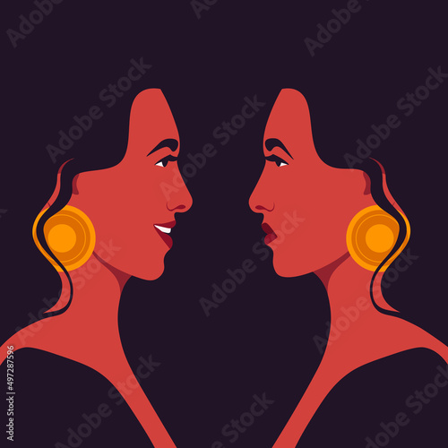 Bipolar disorder. Portrait of a Hispanic woman in profile in depression and in a good mood. Two female faces. Side view. Vector illustration in flat style