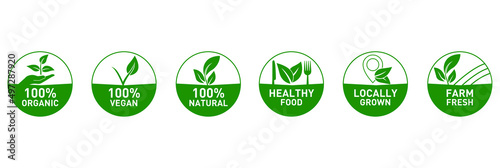 100% organic, vegan, 100% natural, healthy food, locally grown, farm-fresh icon set vector illustration 
