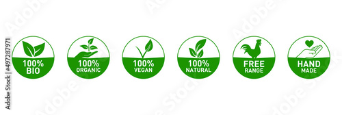 100% bio, 100% organic, vegan, 100% natural, free-range, hand made icon set vector illustration 