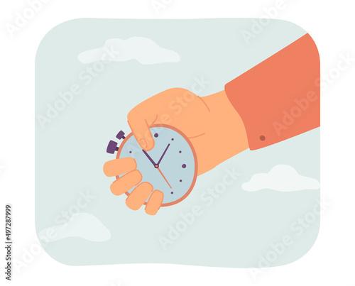 Hand holding timer flat vector illustration. Person with stop-watch or timekeeper running out clock. Countdown, time management concept for banner, website design or landing web page