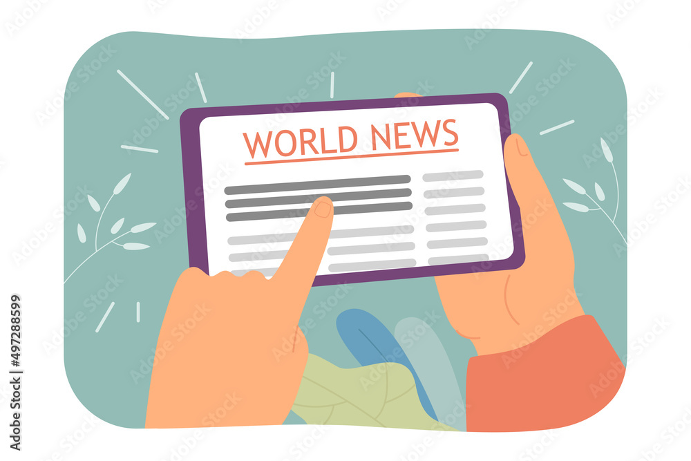 Tablet with world news in mans hands flat vector illustration. Man reading daily press on electronic device or gadget. Technology, mass media concept for banner, website design or landing web page Tablet with world news in mans hands flat vector illustration. Man reading daily press on electronic device or gadget. Technology, mass media concept for banner, website design or landing web page