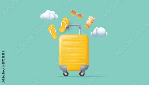 Time to travel concept banner with suitcase, flip flops, sunglasses, Sunscreen. Vector illustration in 3D cartoon style