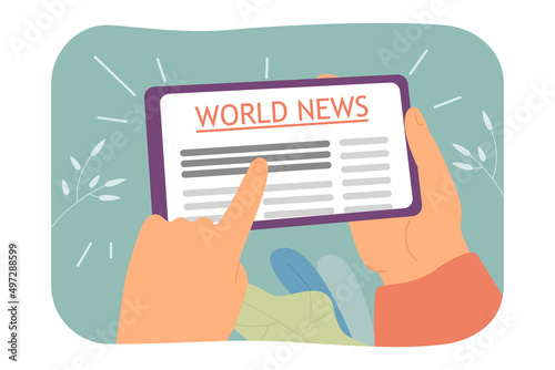 Tablet with world news in mans hands flat vector illustration. Man reading daily press on electronic device or gadget. Technology, mass media concept for banner, website design or landing web page