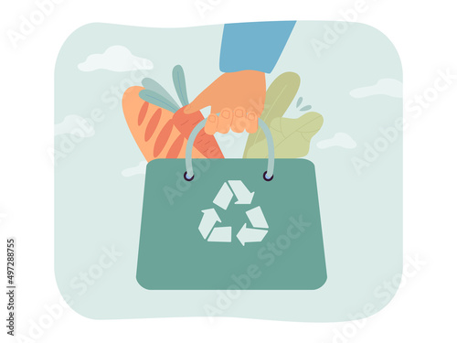 Hand holding reusable bag with food flat vector illustration. Man taking care of environment, using textile bag for grocery shopping. Zero waste concept for banner, website design or landing web page