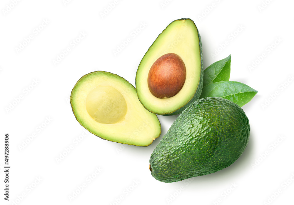 Flat lay of Avocado with cut in half and green leaves isolated on white background. Flat lay of Avocado with cut in half and green leaves isolated on white background.