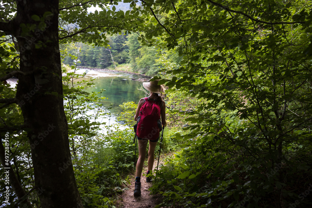 Fototapeta premium Mid Adult Woman Hiker Exploring Wild nature in Slovenia