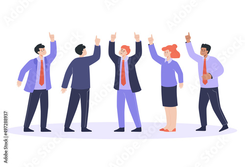 Team of workers pointing fingers upwards. Group of business partners raising hands up together, people in suits flat vector illustration. Teamwork concept for banner, website design or landing page