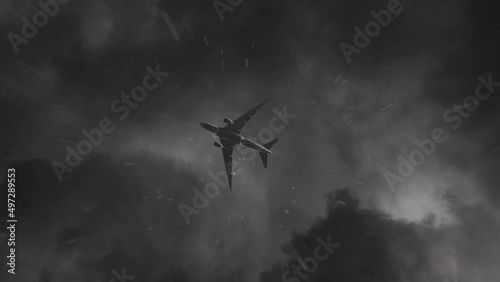 The plane flying in the rain.The plane flying under dark clouds on a rainy day 3D rendering
