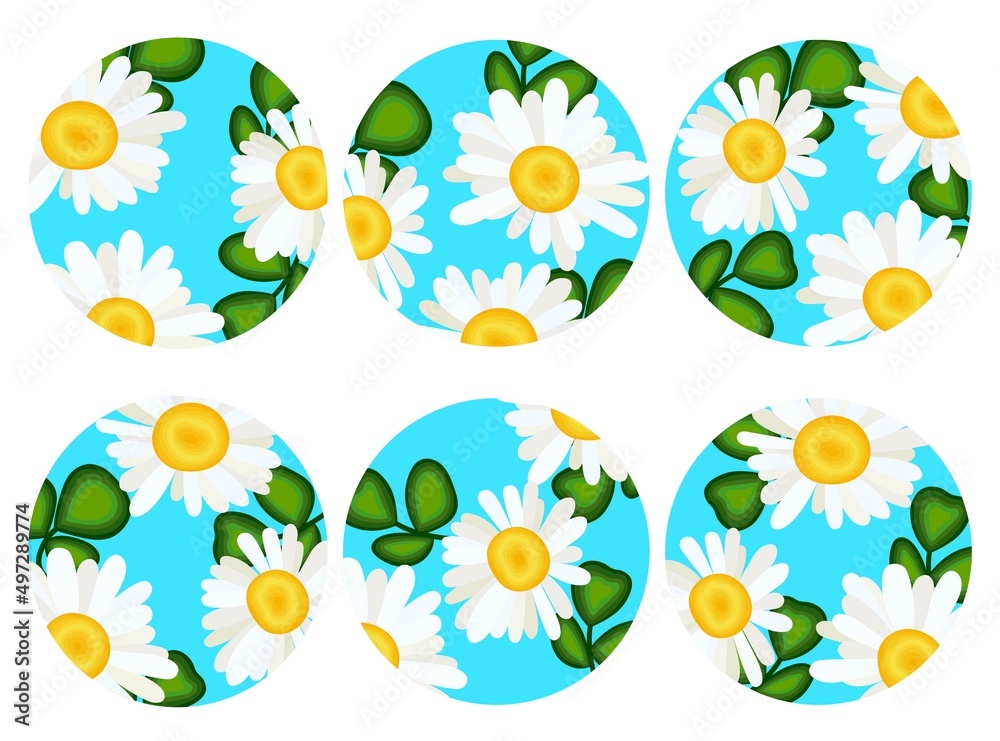 Set of chamomile flowers in round frames. Space in blue with clover leaves and chamomile flowers. Simple vector illustration for print. Suitable for storytelling, manicure. Round icons. Set of chamomile flowers in round frames. Space in blue with clover leaves and chamomile flowers. Simple vector illustration for print. Suitable for storytelling, manicure. Round icons.