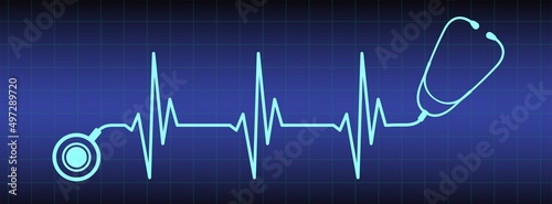 Abstract stethoscope with ekg line design on blue monitor background. Healthcare symbol to use in health industry, cardiology, medical care, hospital, health science projects. 