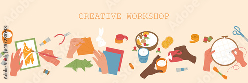 Set of various types handmade crafts. Painting, origami, candles making, embroidery. Creative workshop for children. Hand drawn vector illustration isolated on light background. Flat cartoon style.