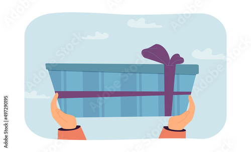 Hands holding huge gift box flat vector illustration. Person giving birthday present with ribbon and bow. Celebration, party, surprise concept for banner, website design or landing web page