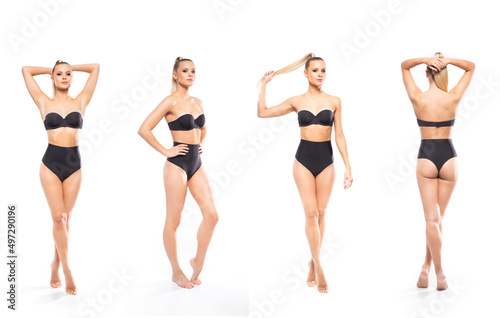 Young, fit and beautiful blond woman in white swimsuit isolated on white background. Healthcare, diet, sport and fitness.