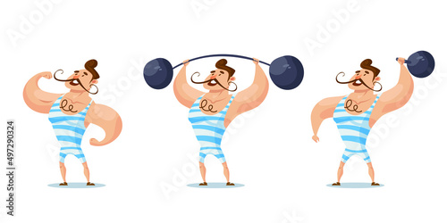 Circus strongman in different poses. Man in cartoon style.