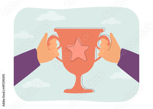 Hands holding golden cup award flat vector illustration. Winner or champion with first place prize, celebrating victory. Competition, leadership concept for banner, website design or landing web page