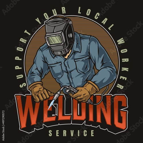 Round emblem with welding worker