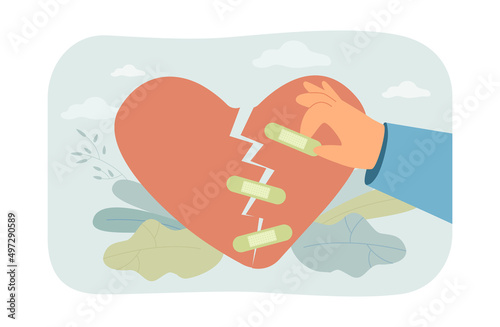 Hands putting band-aid on broken heart flat vector illustration. Recovering from a relationship breakup. Romance, relationship, suffering, love concept for banner, website design or landing web page