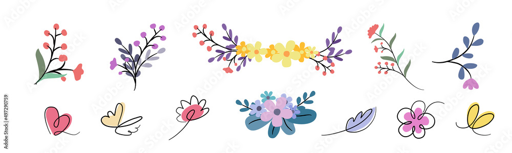 Floral elements for decoration Design in doodle style can be adapted for a variety of applications such as card design, wedding, spring theme decoration, and more.