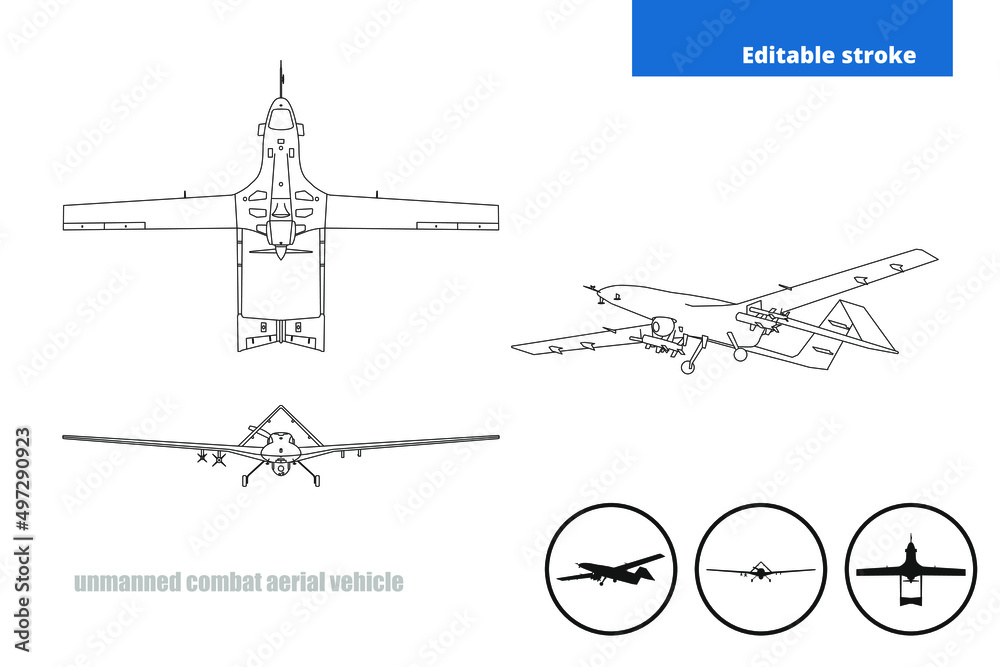 unmanned combat aerial vehicle, icon, editable stroke 