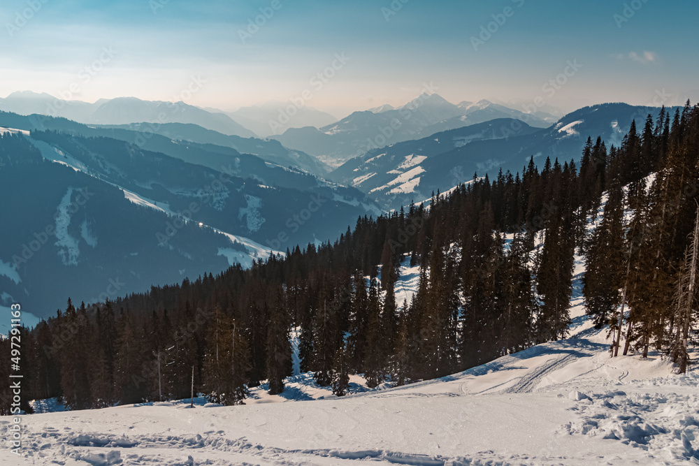 Beautiful alpine winter landscape shot at Maria Alm, Salzburg, Austria