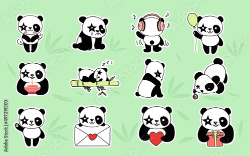 A set of stickers friendly cute panda. Hand drawn vector icon. Illustration in modern style for clothes, print, labels, stickers.