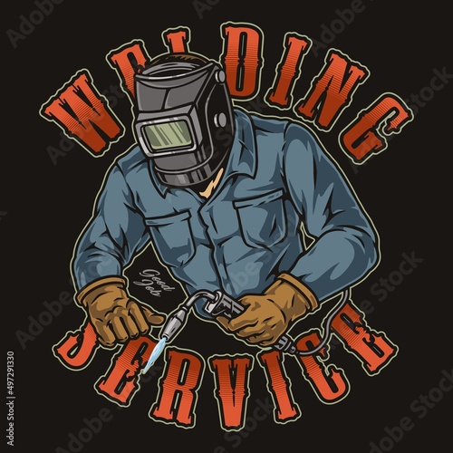 Blacksmith in welding mask colorful emblem