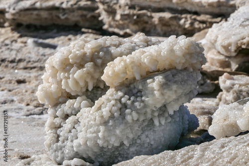 Round salt crystals of the Dead Sea closeup in the rays of the sun. Israel photo