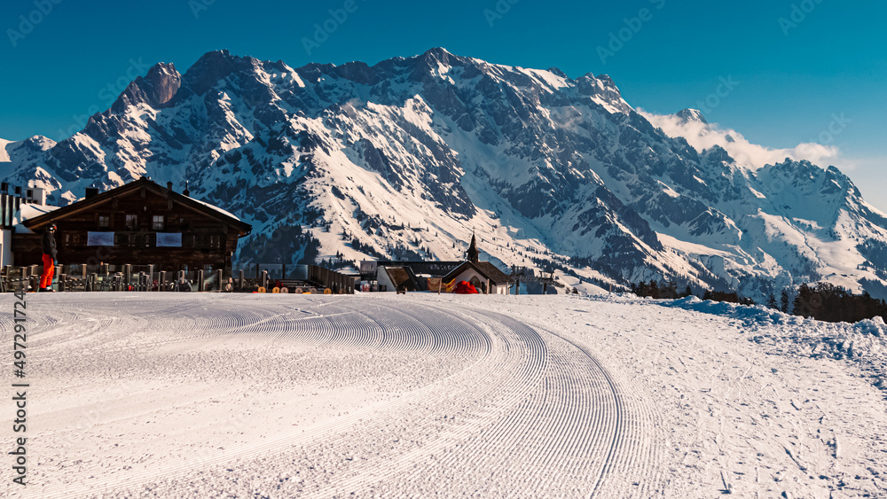 Beautiful alpine winter landscape with the famous Hochkoenig summit in the background at Maria Alm, Salzburg, Austria