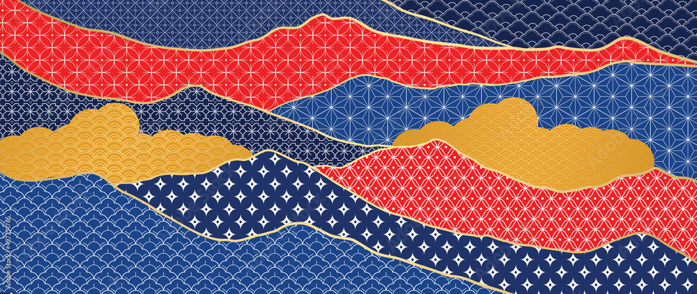 Abstract geometric pattern in oriental style background. Elegant mountain wallpaper with cloud and sea wave in Japanese and Chinese line art. Suitable for cover, banner, decoration, poster, fabric. Abstract geometric pattern in oriental style background. Elegant mountain wallpaper with cloud and sea wave in Japanese and Chinese line art. Suitable for cover, banner, decoration, poster, fabric.