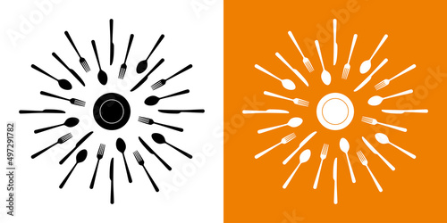 Vector cutlery scattered in a circle around a plate.