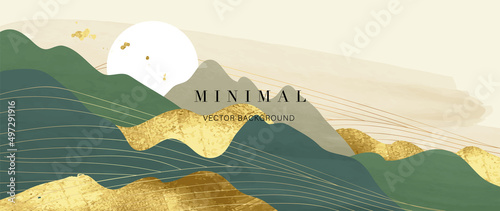 Abstract landscape mountain background. Luxury wallpaper design with circle sun, green hills and golden foil texture. Elegant panorama view of mountains suitable for cover, banner, decoration, poster.
