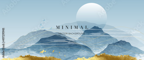 Abstract landscape mountain background. Luxury watercolor wallpaper design with sun, blue hills, birds and golden foil texture. Elegant gold line mountains for cover, banner, decoration, poster.