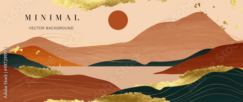 Abstract landscape mountain background. Luxury watercolor wallpaper design with sun, lake, gold wave line and golden foil texture. Elegant sunset view for cover, banner, decoration, poster.