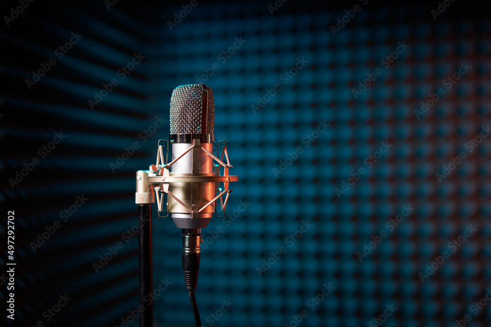 Studio condenser microphone on acoustic foam panel background - obrazy, fototapety, plakaty 